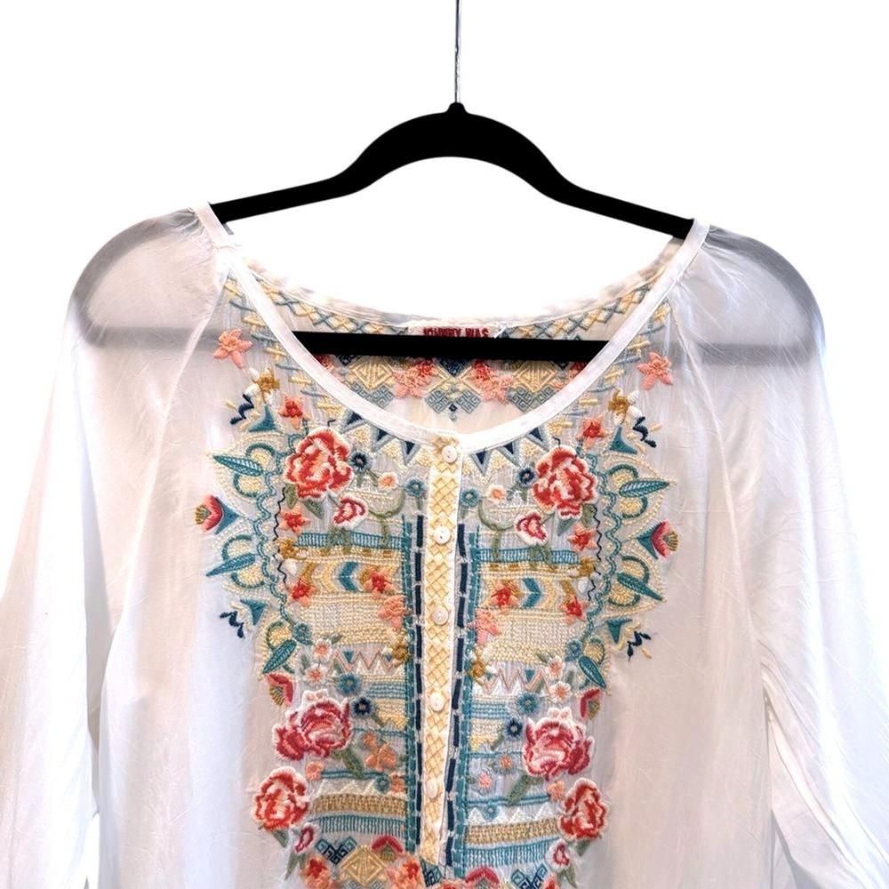 JOHNNY‎ WAS White Floral Embroidered 3/4 Sleeve Tunic Top Women's Size S - Picture 2 of 7